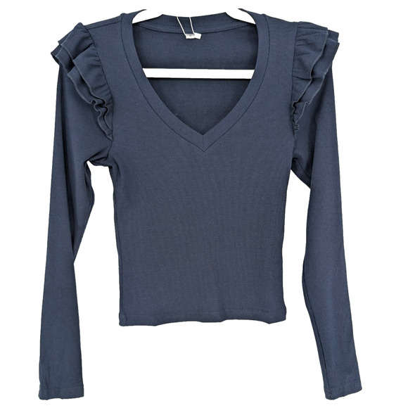Womens Navy Ribbed Ruffle Sleeve V Neck Preppy Twee Coquette Cropped Shirt Small - Picture 1 of 7